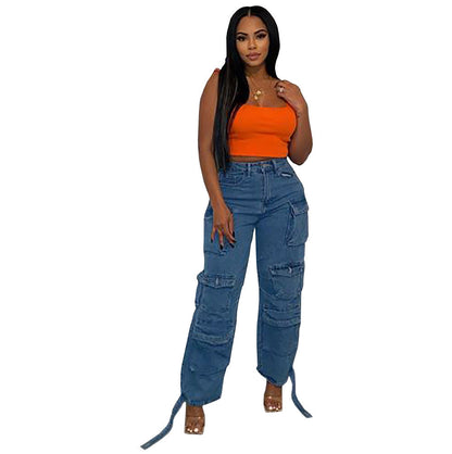 Trendy High Waist Cargo Jeans With Pockets