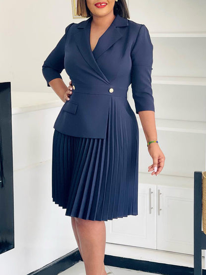 Elegant Solid Color Blazer Dress With Pleats