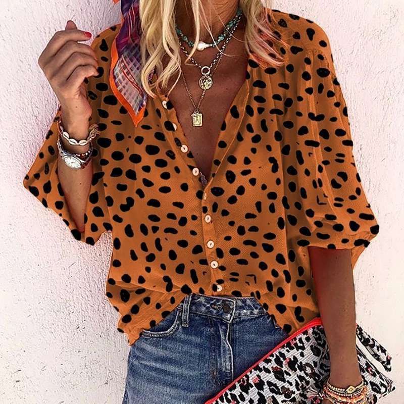 New Women'S  5/4 Sleeve Women'S Leopard Pattern Casual Suit Collar Shirt