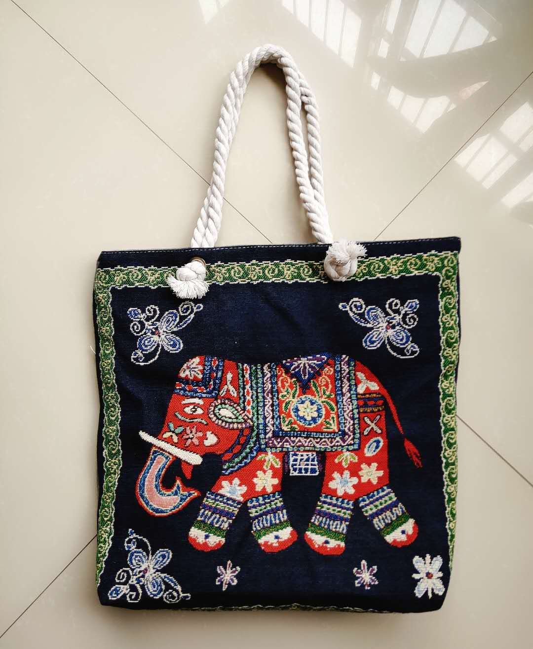 Double-Sided Ethnic Style Embroidery Bag Women'S Live Embroidery Peacock Elephant Canvas Bag
