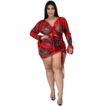 Floral Print Two-Piece Set With Drawstring Long Sleeve Polyester