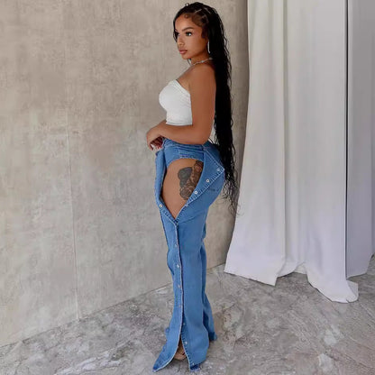 High-Waisted Denim Pants With Button Closure For Women
