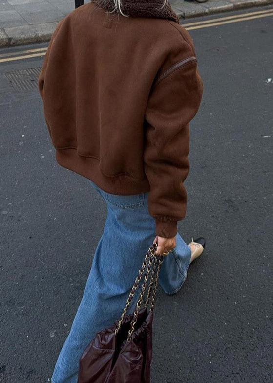 Faux Suede Aviator Style Shearling Jacket Brown