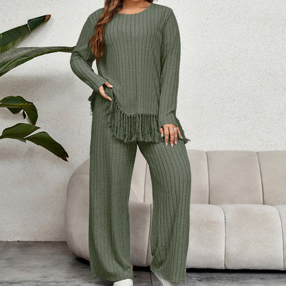 Casual Loose Long Sleeve Tassel Top And Wide Leg Pants Set