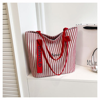 Stylish Stripe Canvas Tote Bag Large Capacity Casual Commuter Bag