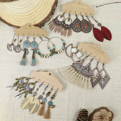 Bohemian Vintage Tassel Earrings Set - 3 Pairs Alloy Leather Dangle