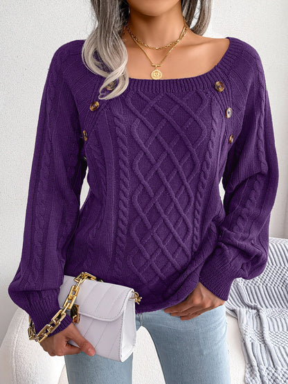 2025 Autumn And Winter Casual Square Collar Nail Button Twist Knitted Pullover Sweater