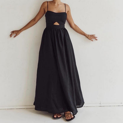 Black Breathable High-Waisted Midi Dress Elegant Casual