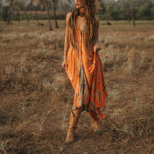 Summer Sexy Sleeveless Halterneck Lace-Up Open-Back Print Dress