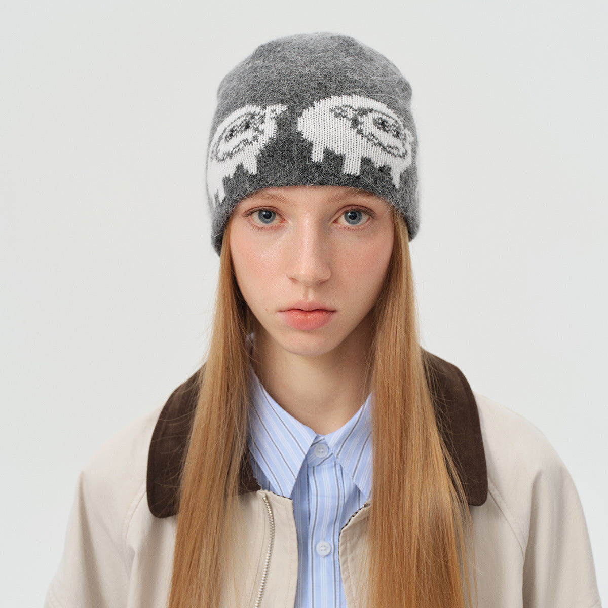 Cute Knitted Rabbit Hair Blend Beanie Hat for Women