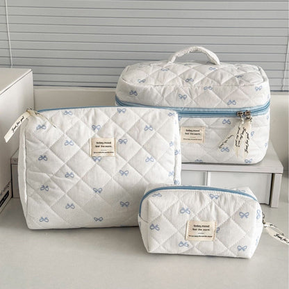 Bow Flower Large Capacity Makeup Bag Vintage Quilted Toiletry Pouch