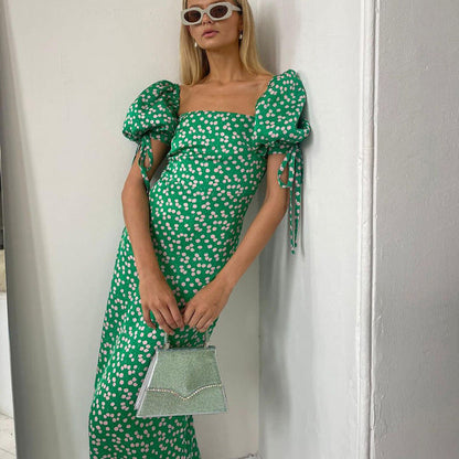 French Floral Puff Sleeve Midi Dress
