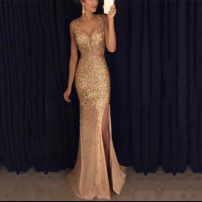 New Elegant V-Neck Sequin Maxi Dress