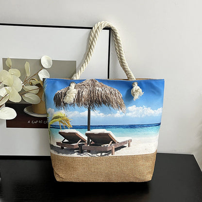 Large Capacity Digital Print Linen Beach Bag for Women