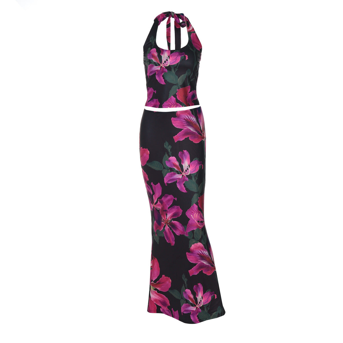 Fashion Floral Print Sexy U-Neck Slim Fit Tank Dress Set