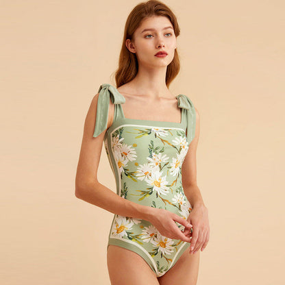 Double Fabric Vintage Print Swimsuit One-Piece Swimsuit Women