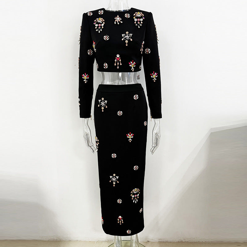 Trendy Beaded Short Sleeve Top And Long Skirt Set