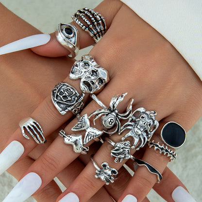 Vintage Geometric Ring Set With Black Stone