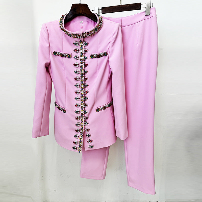 Trendy Casual Pearl Beaded Jacket And Pants Set