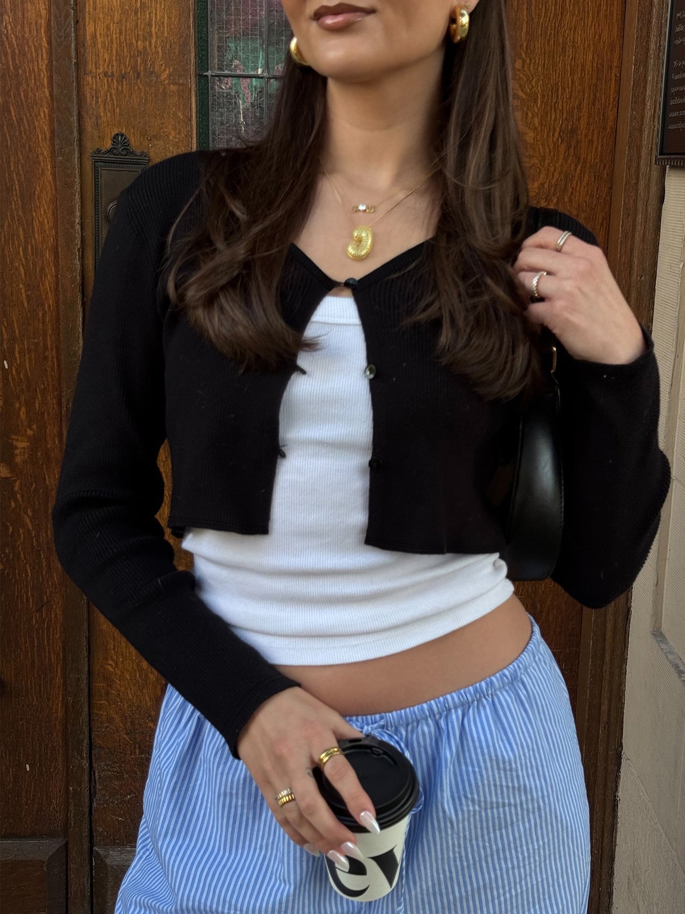 Fashionable Sexy Cardigan Button Crop Long Sleeve T-Shirt
