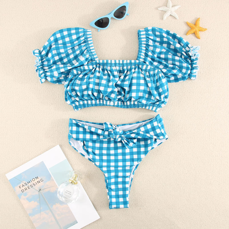 Ruffled Contrast Color High Waist Backless Bikini Two-Piece Swimsuit For Women
