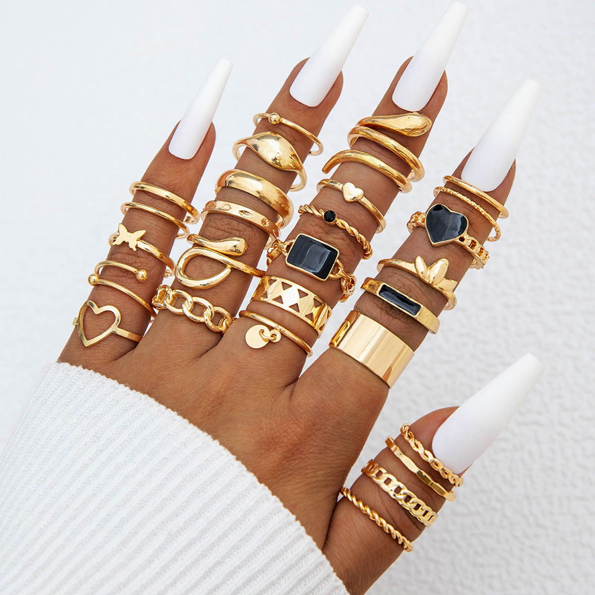 Trendy Leaf Heart Rings Geometric Pearl Joint Stacking Ring Set