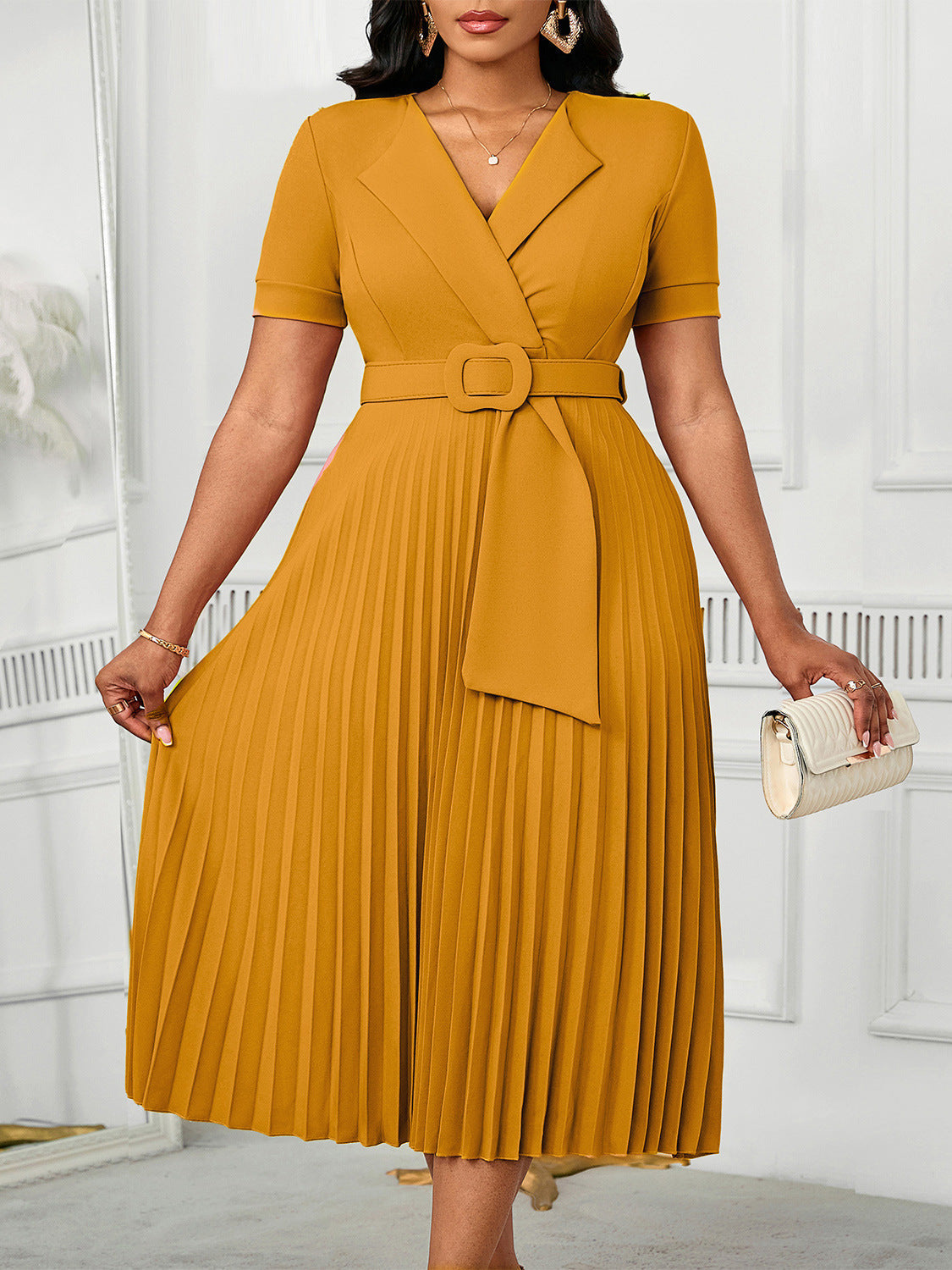 Elegant High-Waisted A-Line Dress With V-Neck