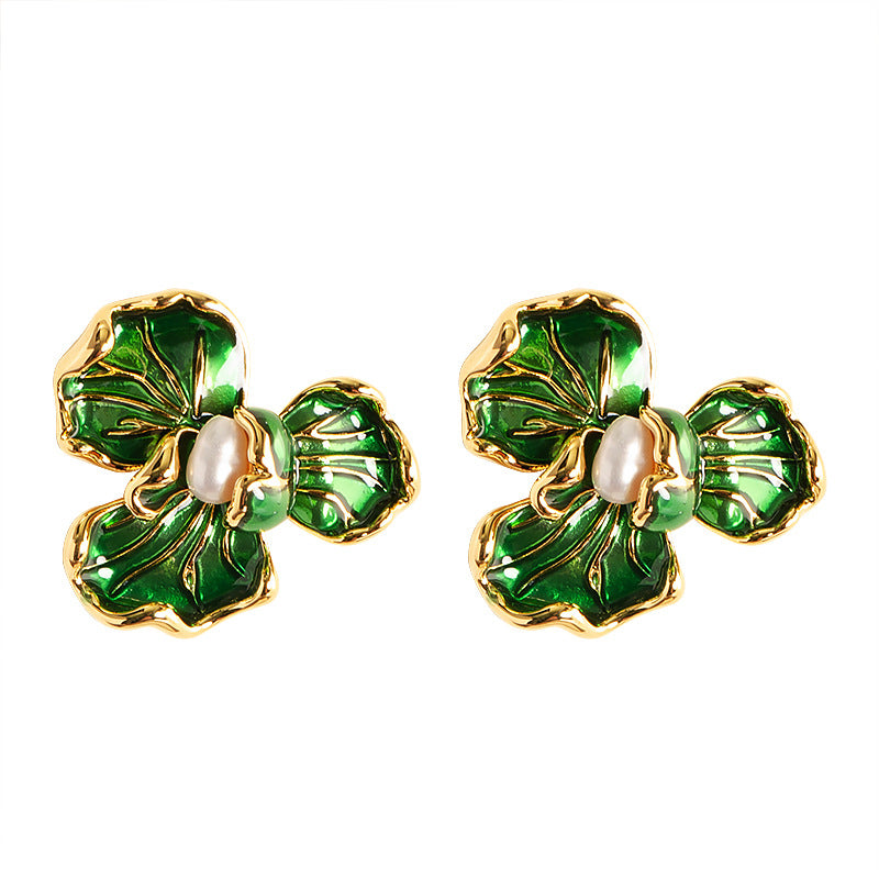 French Elegant Flower Pearl Stud Earrings For Women