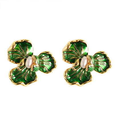 French Elegant Flower Pearl Stud Earrings For Women