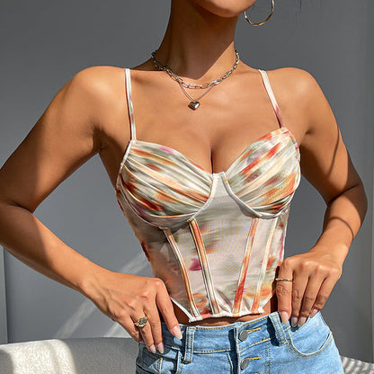 Sexy Fishbone Corset Top Retro Print Camisole For Easter