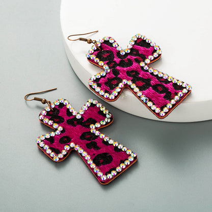 Trendy Y2K Cross Earrings Genuine Leather Leopard Print Geometric Style