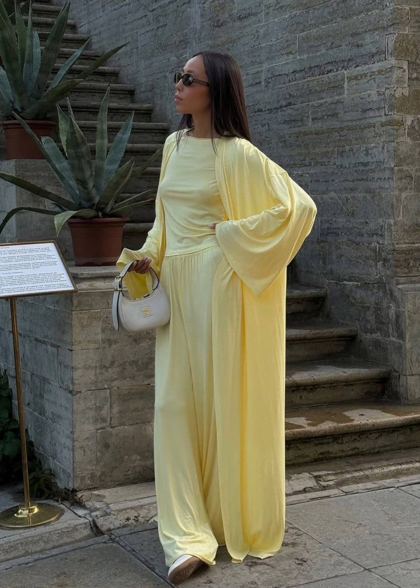 Three Piece Jersey Lounge Set Yellow Soft Texture