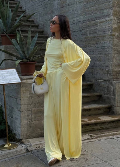 Three Piece Jersey Lounge Set Yellow Soft Texture