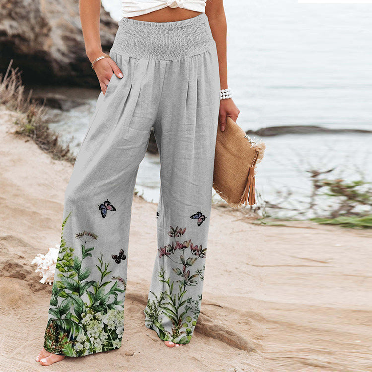 New Women'S Elastic Printed High Waist Pocket Casual Wide Leg Pants