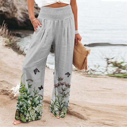New Women'S Elastic Printed High Waist Pocket Casual Wide Leg Pants