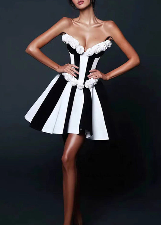 Strapless Satin Rosette Mini Dress Black White