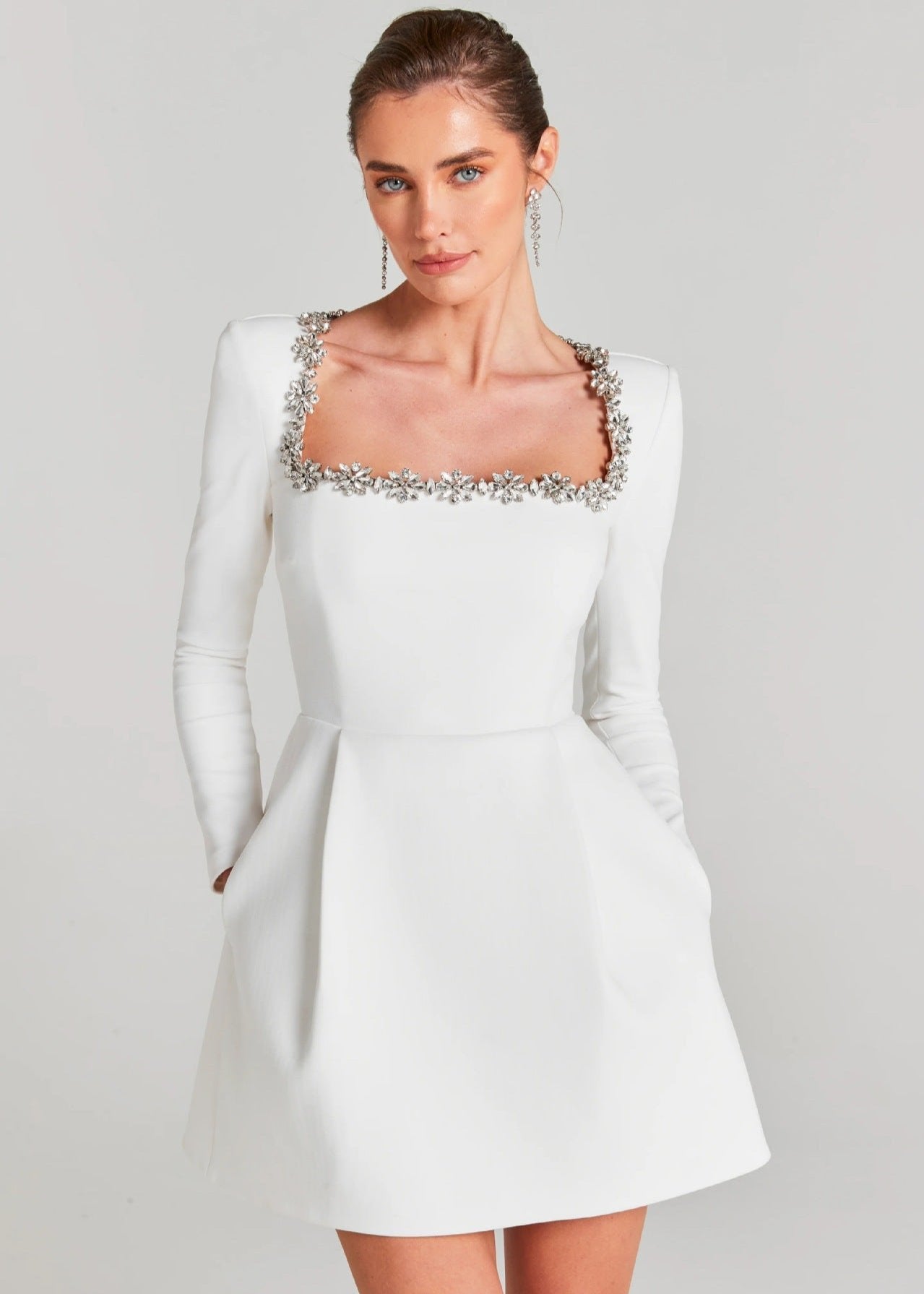 Square Neck Mini Dress Embellished with Rhinestones