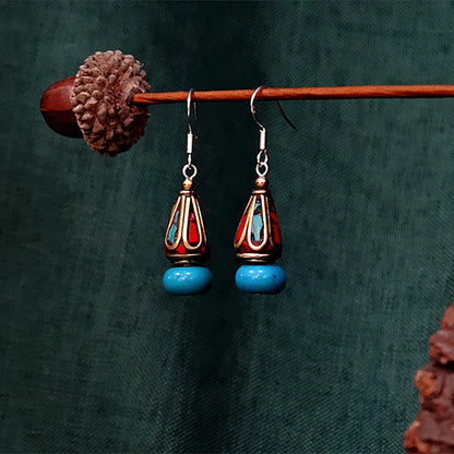 Original Ethnic Tibetan Earrings Female Sterling Silver Natural Turquoise Earrings Nepalese Vintage Palace Earrings