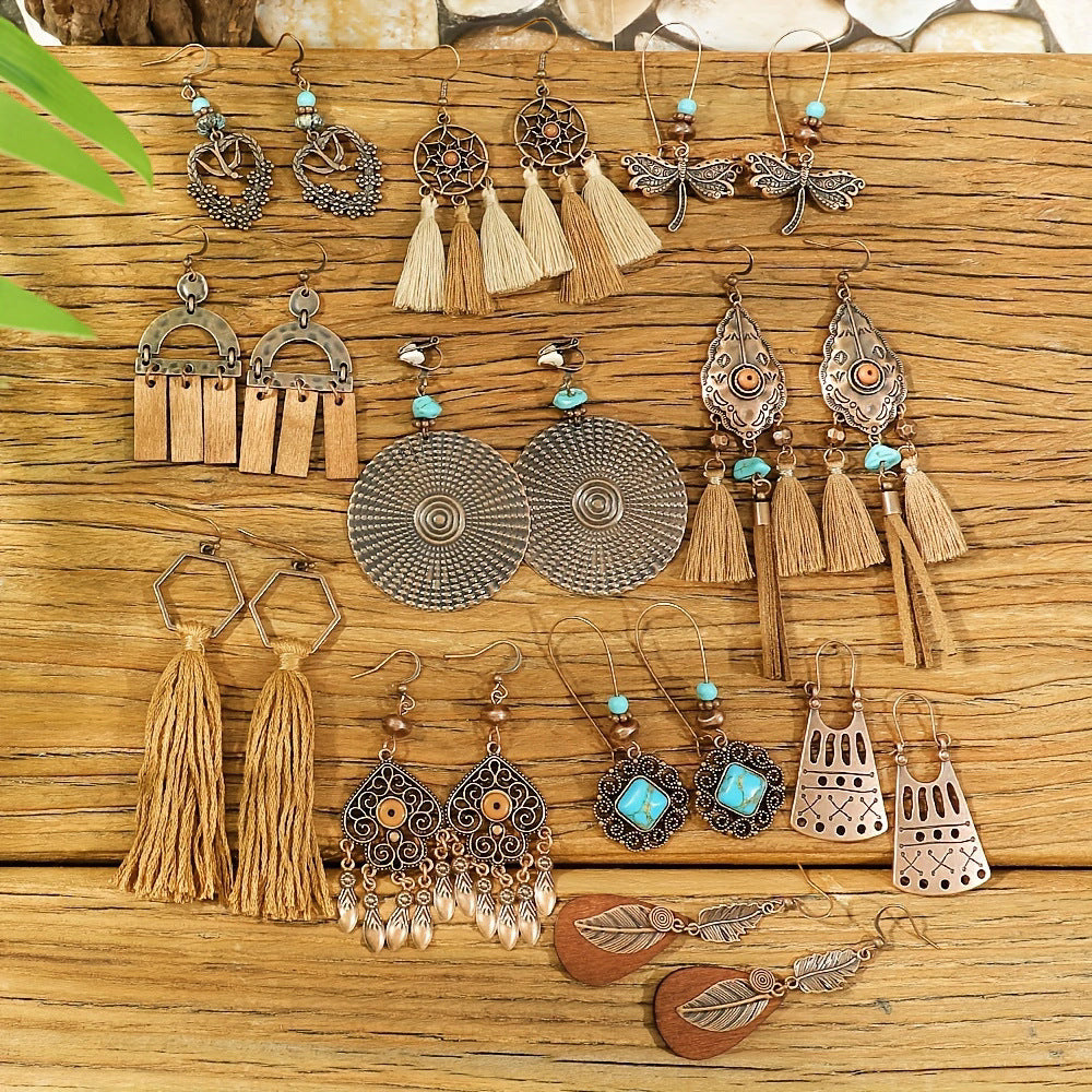 Vintage Ethnic Style Creative Brown Earrings with Turquoise Tassels