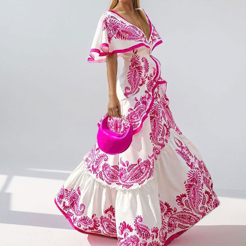 Elegant Floral V-Neck Dress with Ruffled Hem