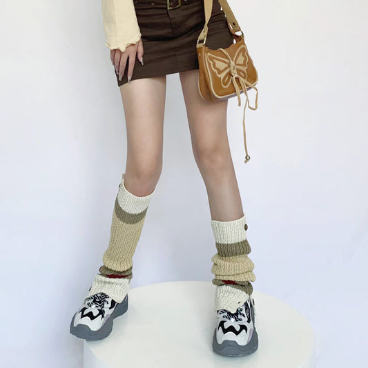 Autumn/Winter Vintage Button Opening British American College Babes Color Block Contrast Stacked Knitted Sweater Leg Oversocks