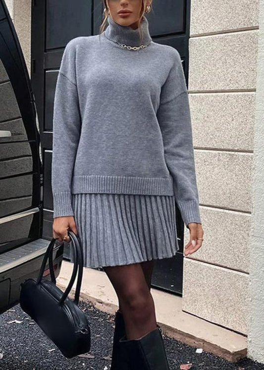 Knit Sweater and Pleated Mini Skirt Set Gray