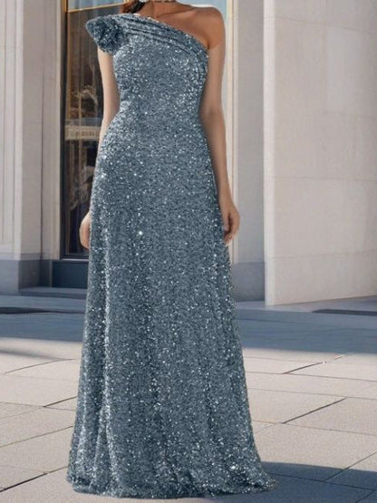 Silver Sequin A-Line Maxi Dress With One Shoulder Design