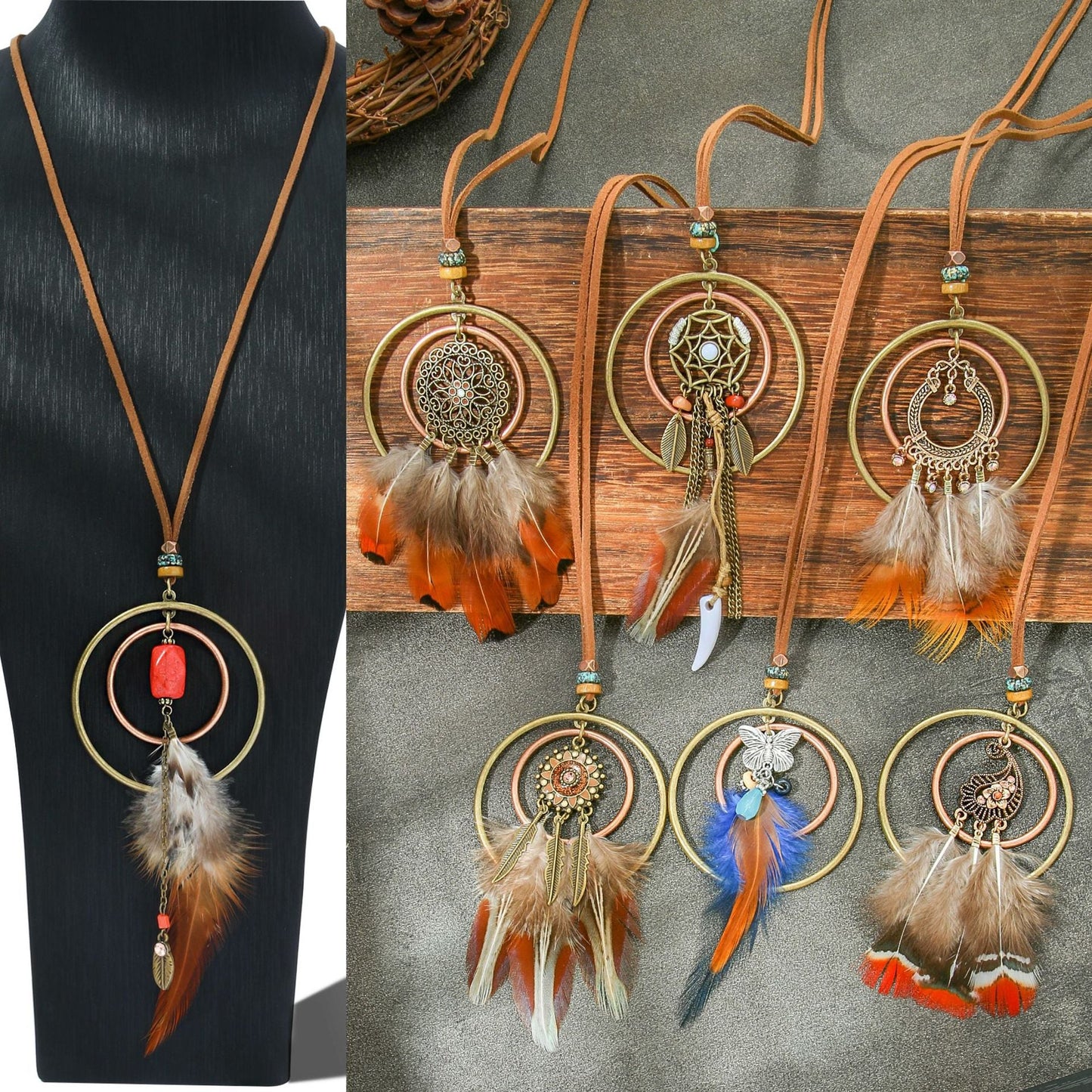 Colorful Feather Pendant Necklace Bohemian Style Butterfly Jewelry