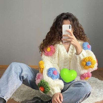 Handmade Three-Dimensional Hook Flower Flower Lantern Sleeve Sweet Loose Lazy Thick Warm Sweater Cardigan Jacket
