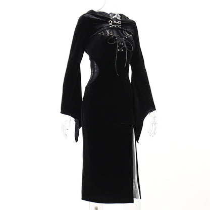 Dark Aesthetic Hooded Bell Sleeve Spider Web Dress