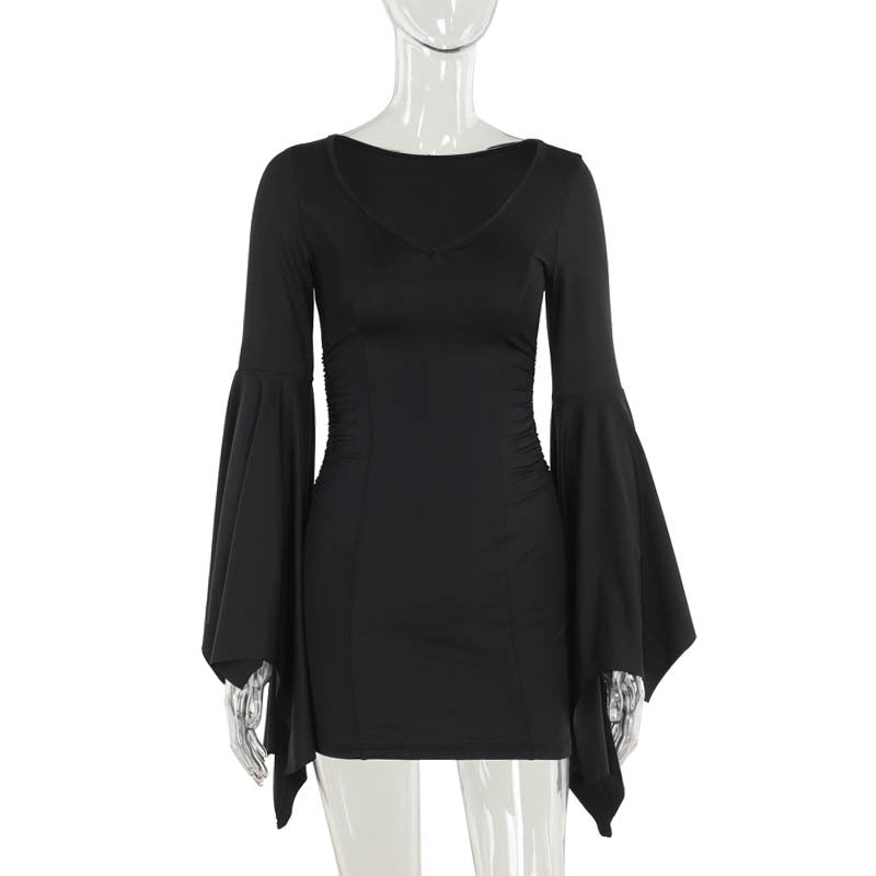 Dark Elegance Slim-Fit Batwing Sleeve Mini Dress