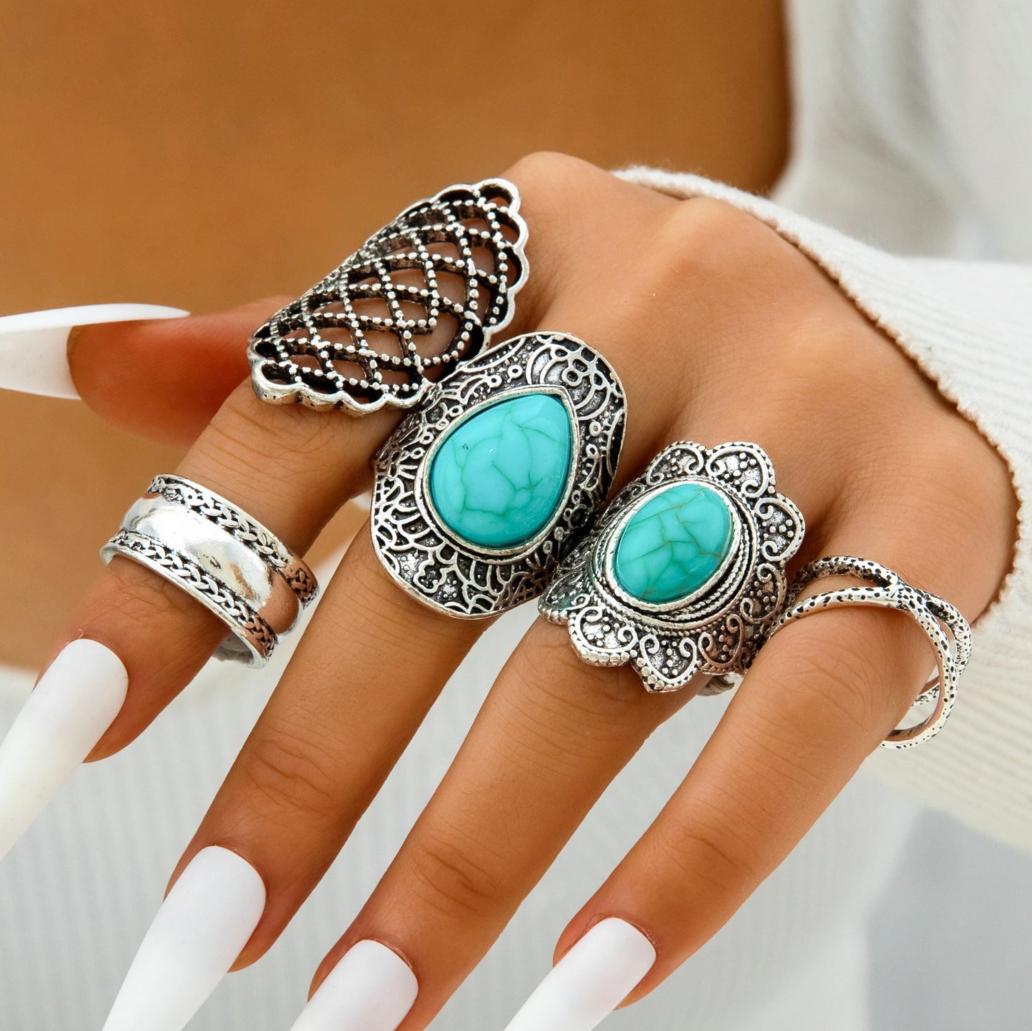Bohemian Style Carved Feather Turquoise Ring Set