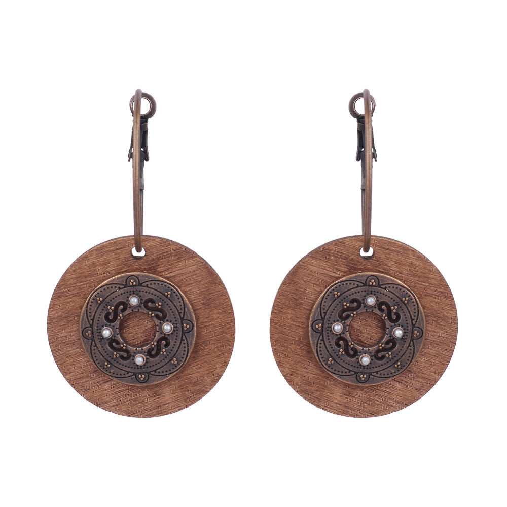 Exaggerated Vintage Geometric Wooden Earrings with Tassel and Bell