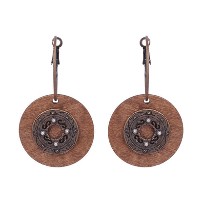 Exaggerated Vintage Geometric Wooden Earrings with Tassel and Bell